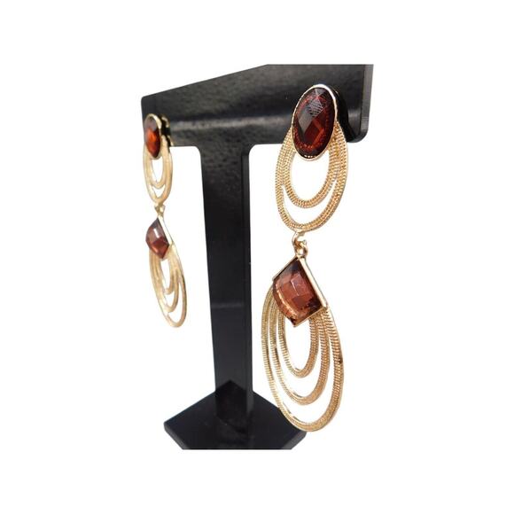 Modern Pierced Dangle Earrings Brown Beads Women Fashion Textured Gold Tone - Picture 3 of 10